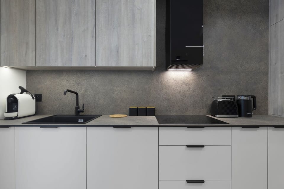 Full-size fridge, oven, stovetop, dishwasher