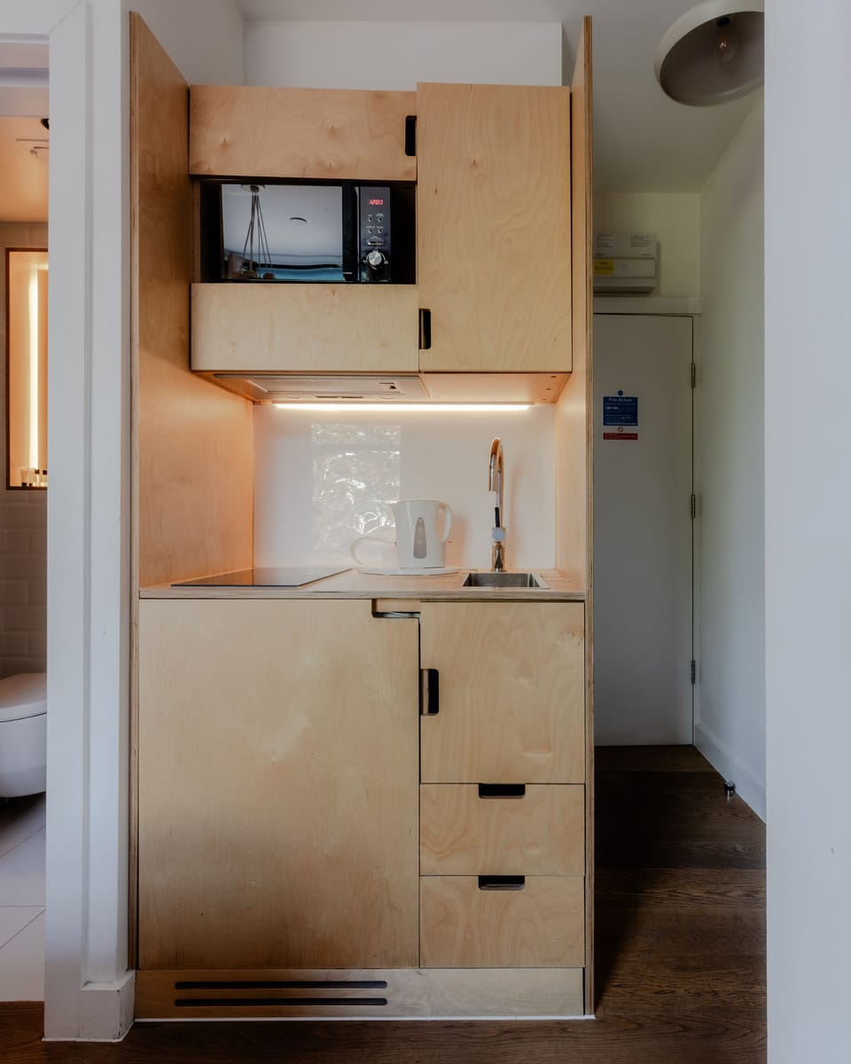 Mini-fridge, microwave, stovetop, electric kettle