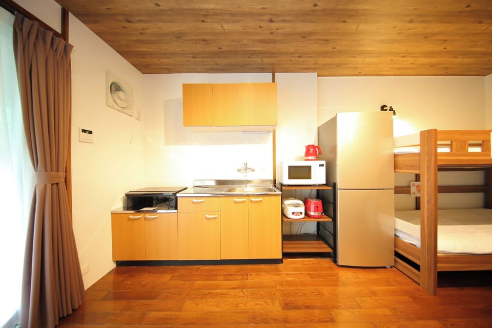 Full-size fridge, microwave, stovetop, freezer