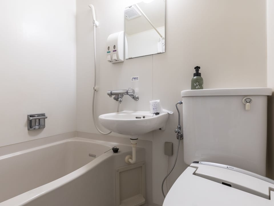 Combined shower/tub, hair dryer, slippers, electronic bidet