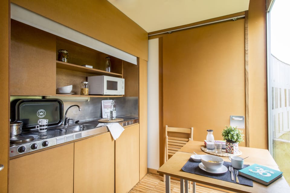 Fridge, microwave, stovetop, cookware/dishes/utensils