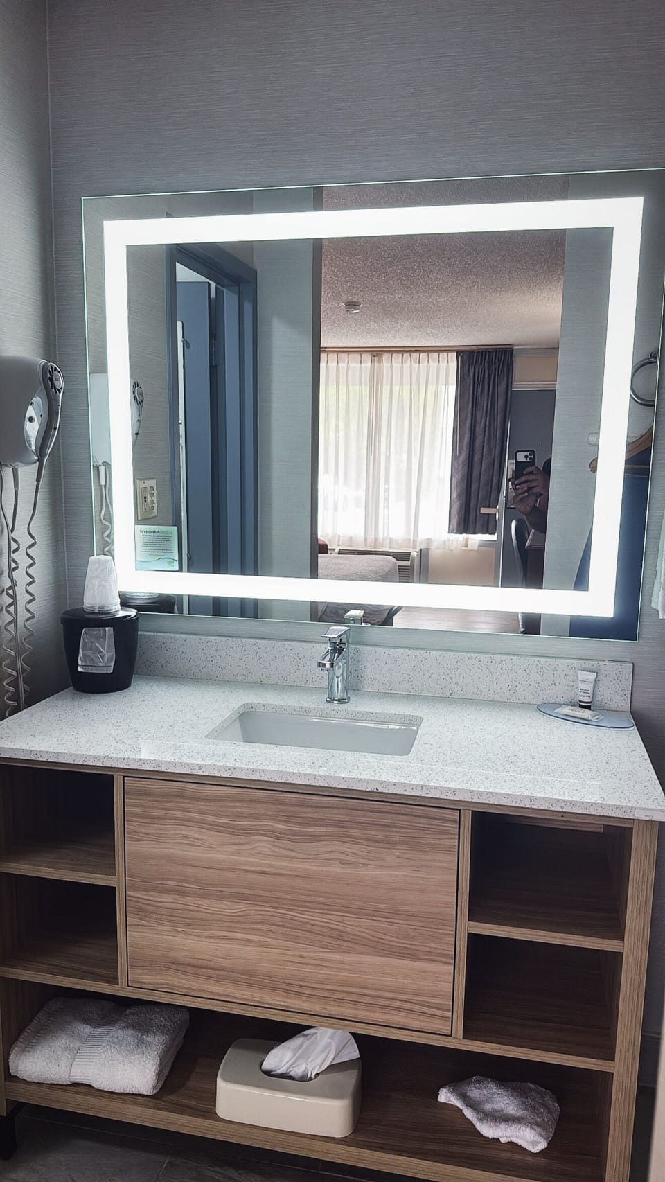 Rainfall showerhead, towels, soap, shampoo