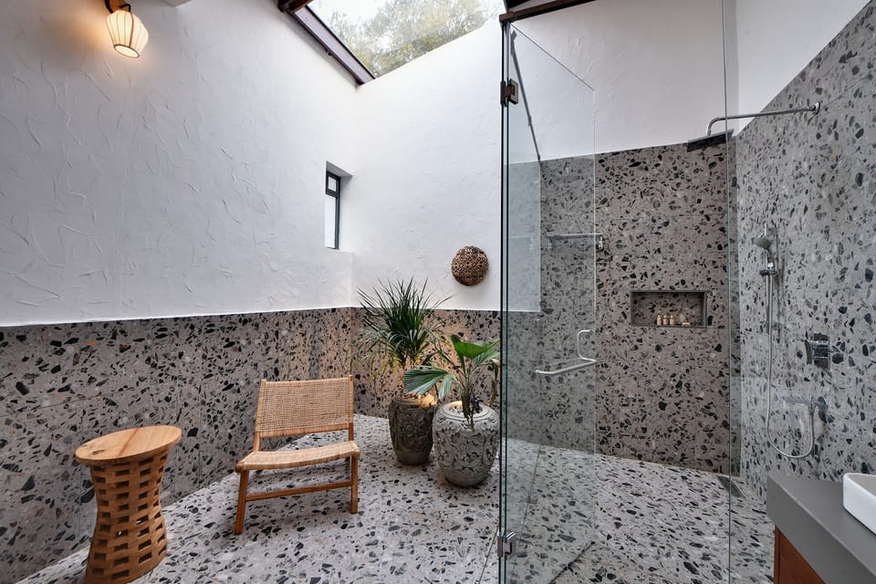 Shower, hydromassage showerhead, designer toiletries, hair dryer
