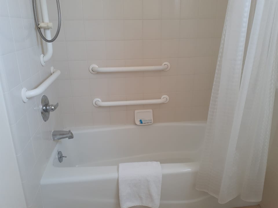 Room, 2 Double Beds, Accessible | Bathroom | Hair dryer, towels