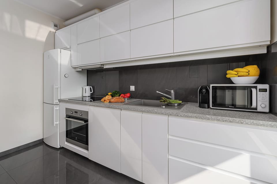 Fridge, microwave, electric kettle, toaster