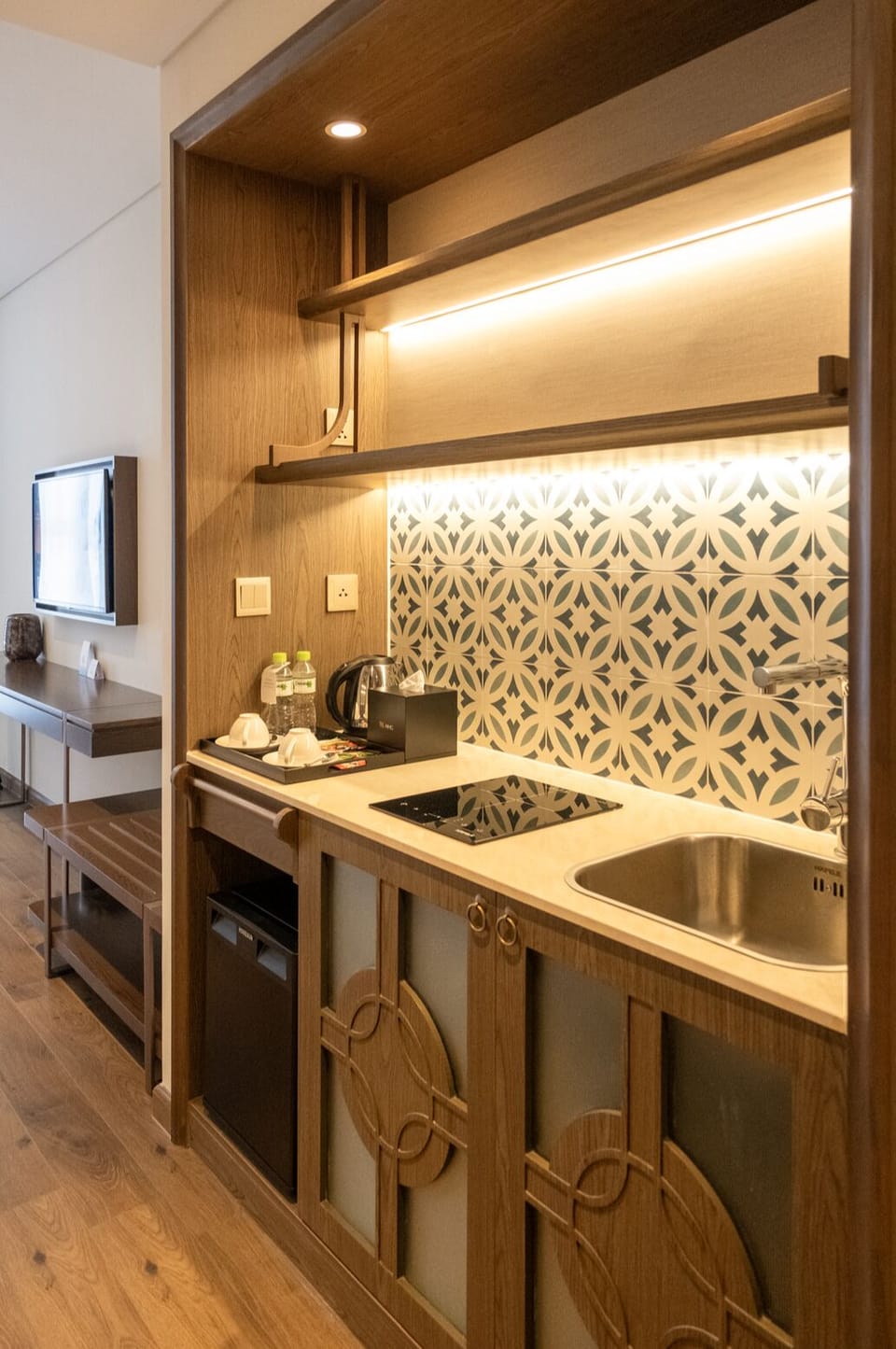 Mini-fridge, microwave, electric kettle, paper towels