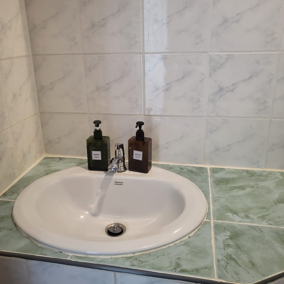 Shower, rainfall showerhead, hair dryer, towels