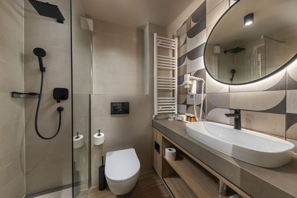 Shower, rainfall showerhead, hair dryer, bathrobes