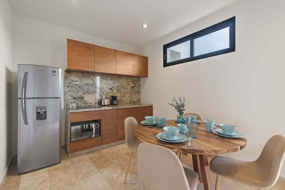 Family Apartment, 1 Bedroom, Balcony, Park View | Private kitchen | Full-size fridge, microwave, stovetop, coffee/tea maker