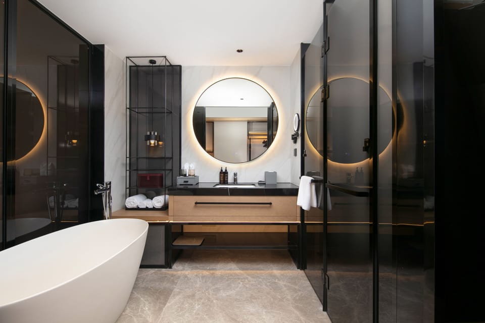 Rainfall showerhead, hair dryer, bathrobes, slippers