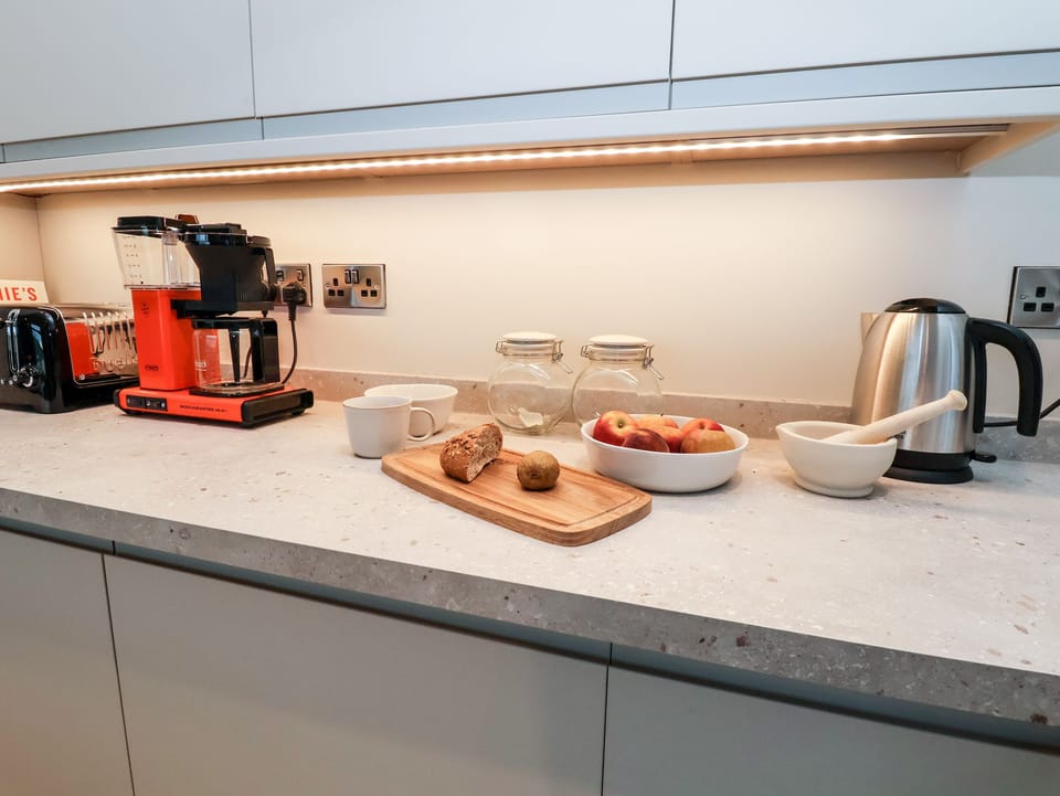 Fridge, dishwasher, electric kettle, toaster