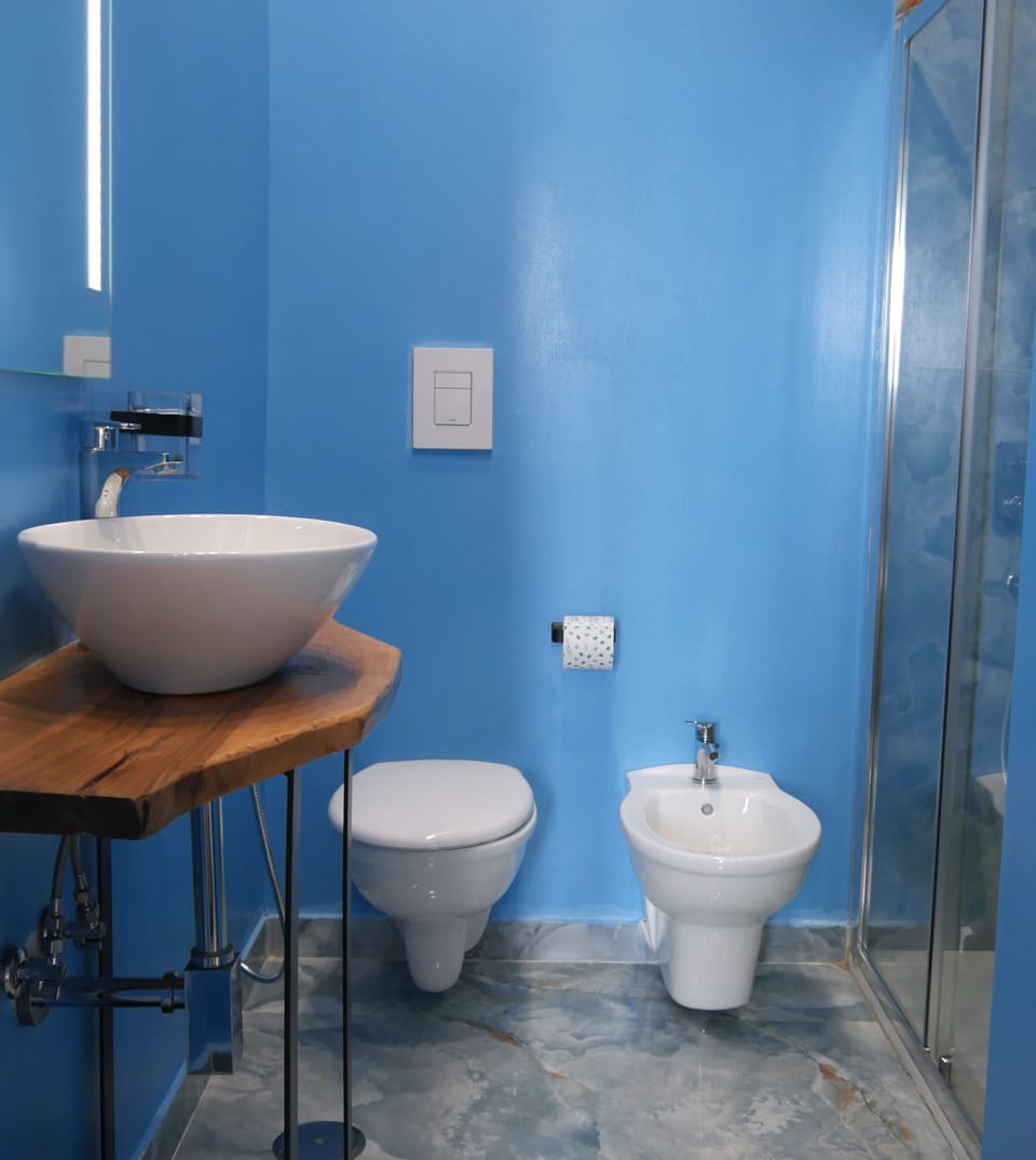 Shower, rainfall showerhead, free toiletries, hair dryer