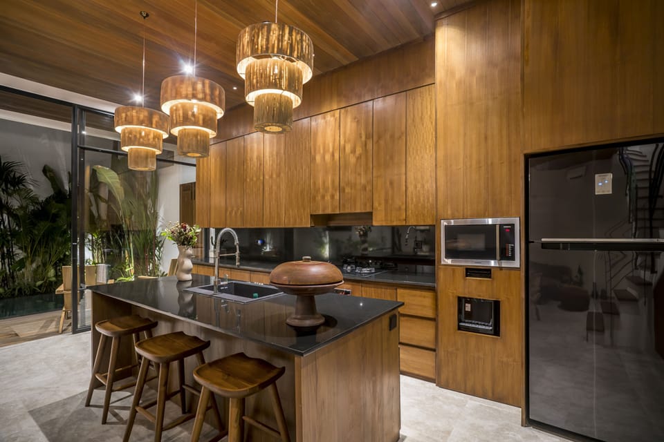 Deluxe Villa, 3 Bedrooms, Balcony, Pool View | Private kitchen | Fridge, microwave, oven, stovetop