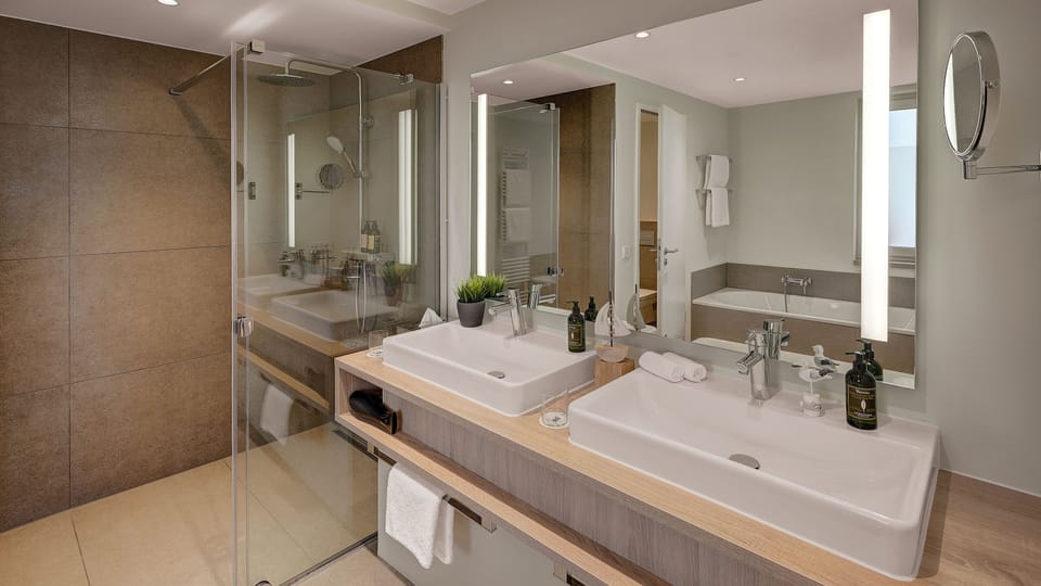 Sandburg Suite | Bathroom | Designer toiletries, hair dryer, bathrobes, slippers