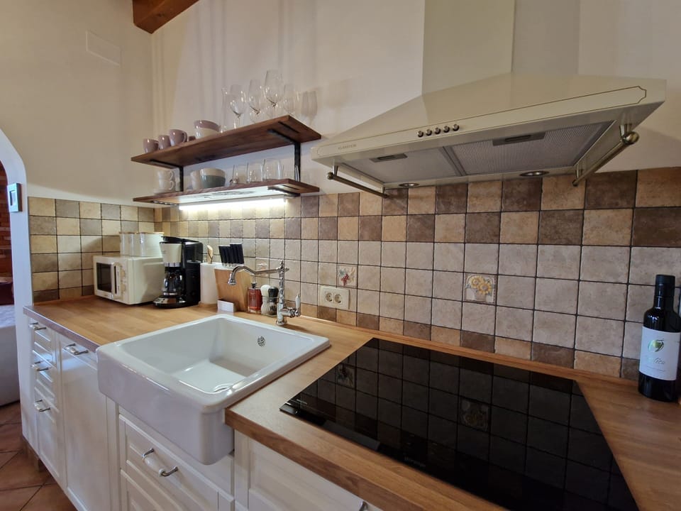Full-size fridge, microwave, stovetop, dishwasher