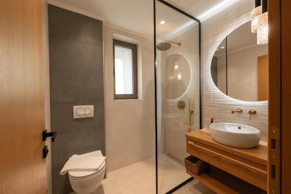 Shower, rainfall showerhead, hair dryer, bathrobes