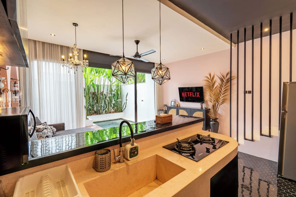 Villa | Private kitchen | Fridge, microwave, stovetop, electric kettle