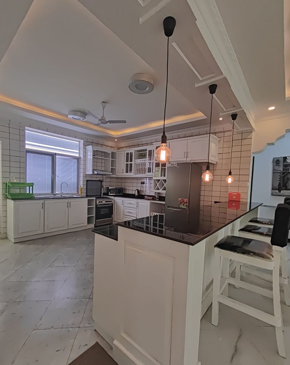 Design Apartment | Private kitchen | Full-size fridge, microwave, oven, stovetop