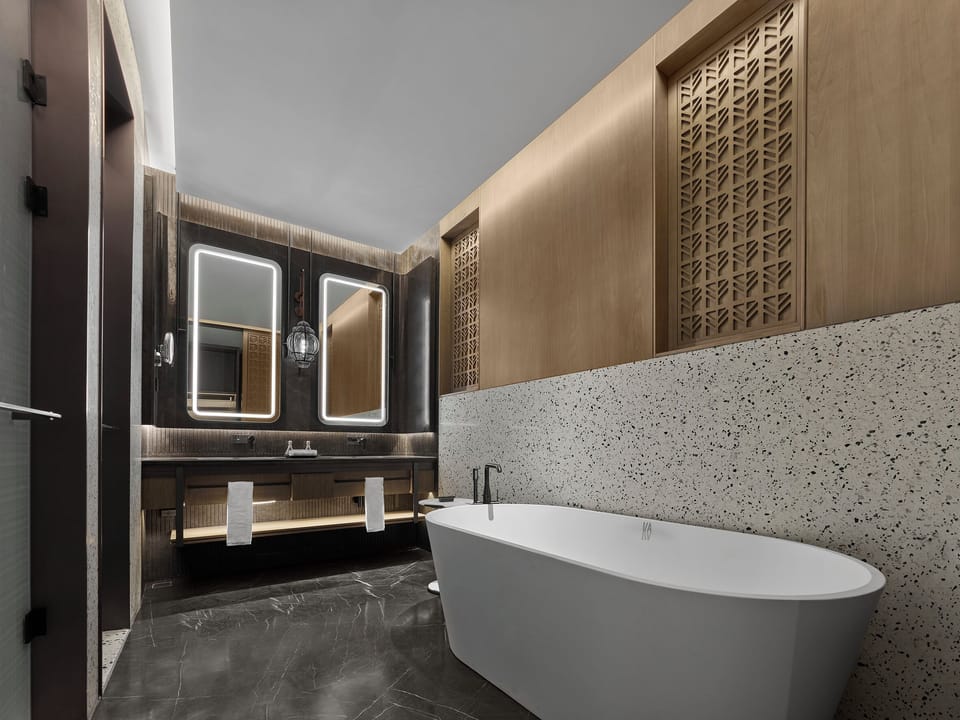 Room, 1 King Bed (Serenity) | Bathroom | Separate tub and shower, rainfall showerhead, designer toiletries