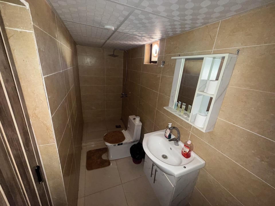 Rainfall showerhead, soap, toilet paper