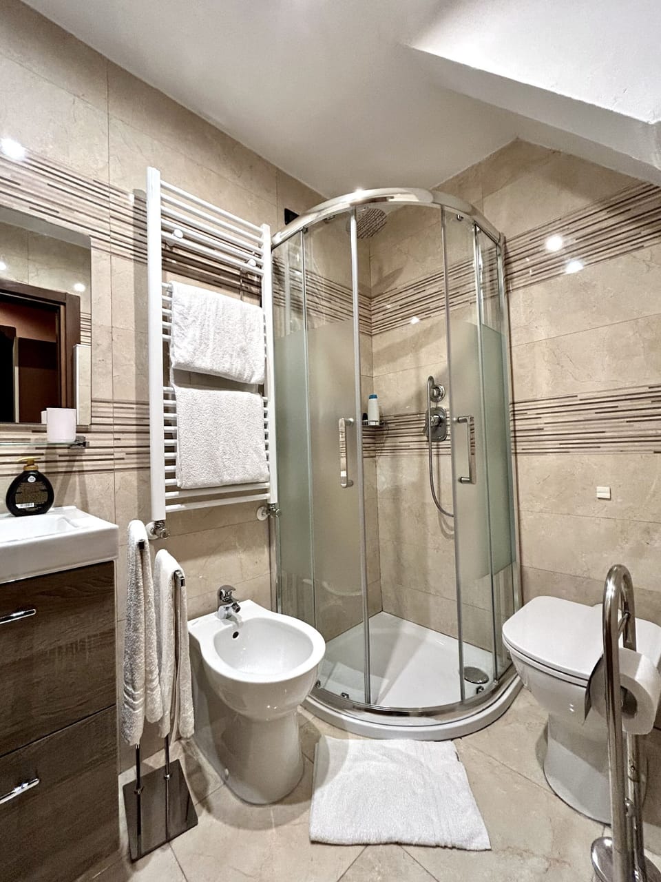 Shower, free toiletries, hair dryer, bidet