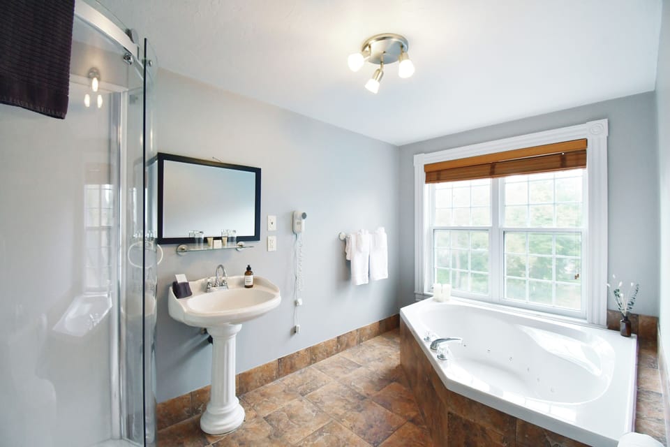 Junior Suite, 1 King Bed, Jetted Tub | Bathroom | Hair dryer, towels, soap, shampoo
