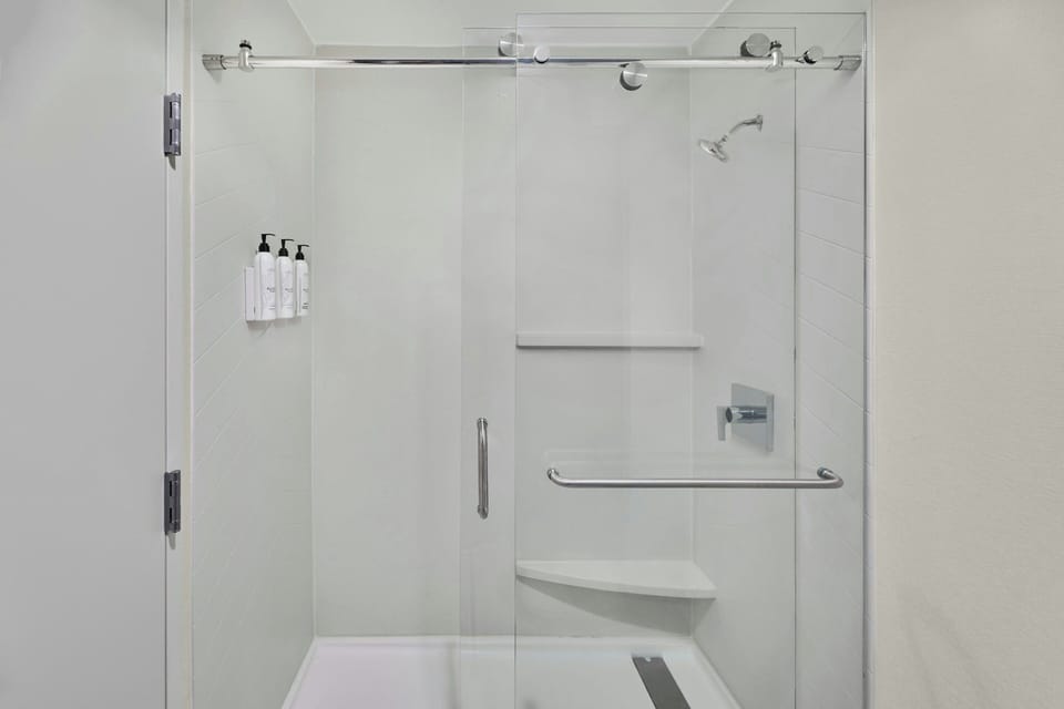 Combined shower/tub, free toiletries, hair dryer, towels