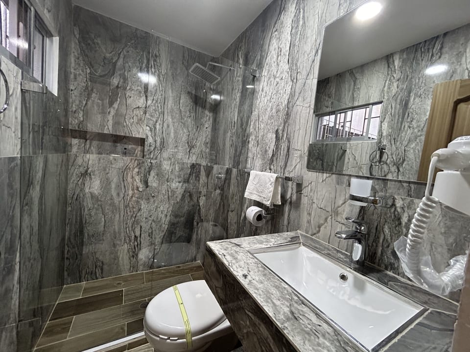 Business Double Room | Bathroom | Shower, hair dryer (on request), towels, soap