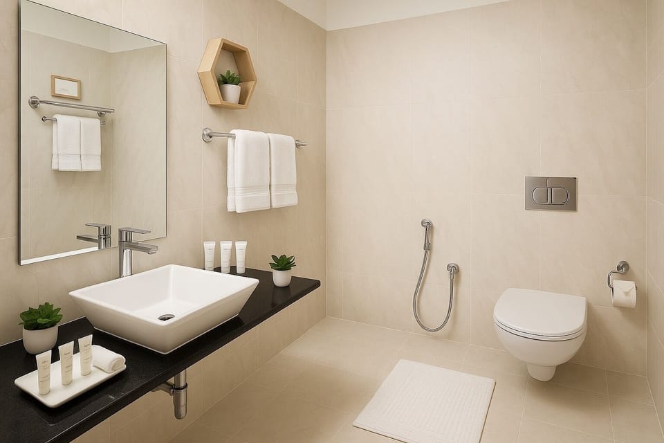 Shower, rainfall showerhead, designer toiletries, towels