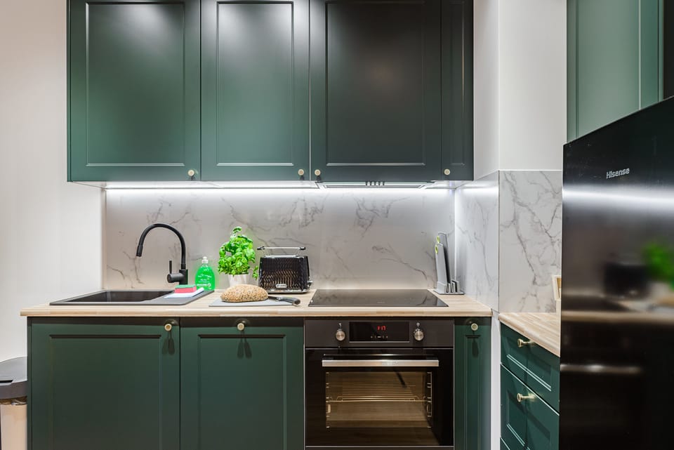 Deluxe Apartment | Private kitchen | Full-size fridge, oven, stovetop, dishwasher