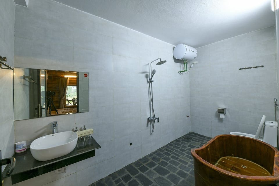 Shower, rainfall showerhead, designer toiletries, hair dryer