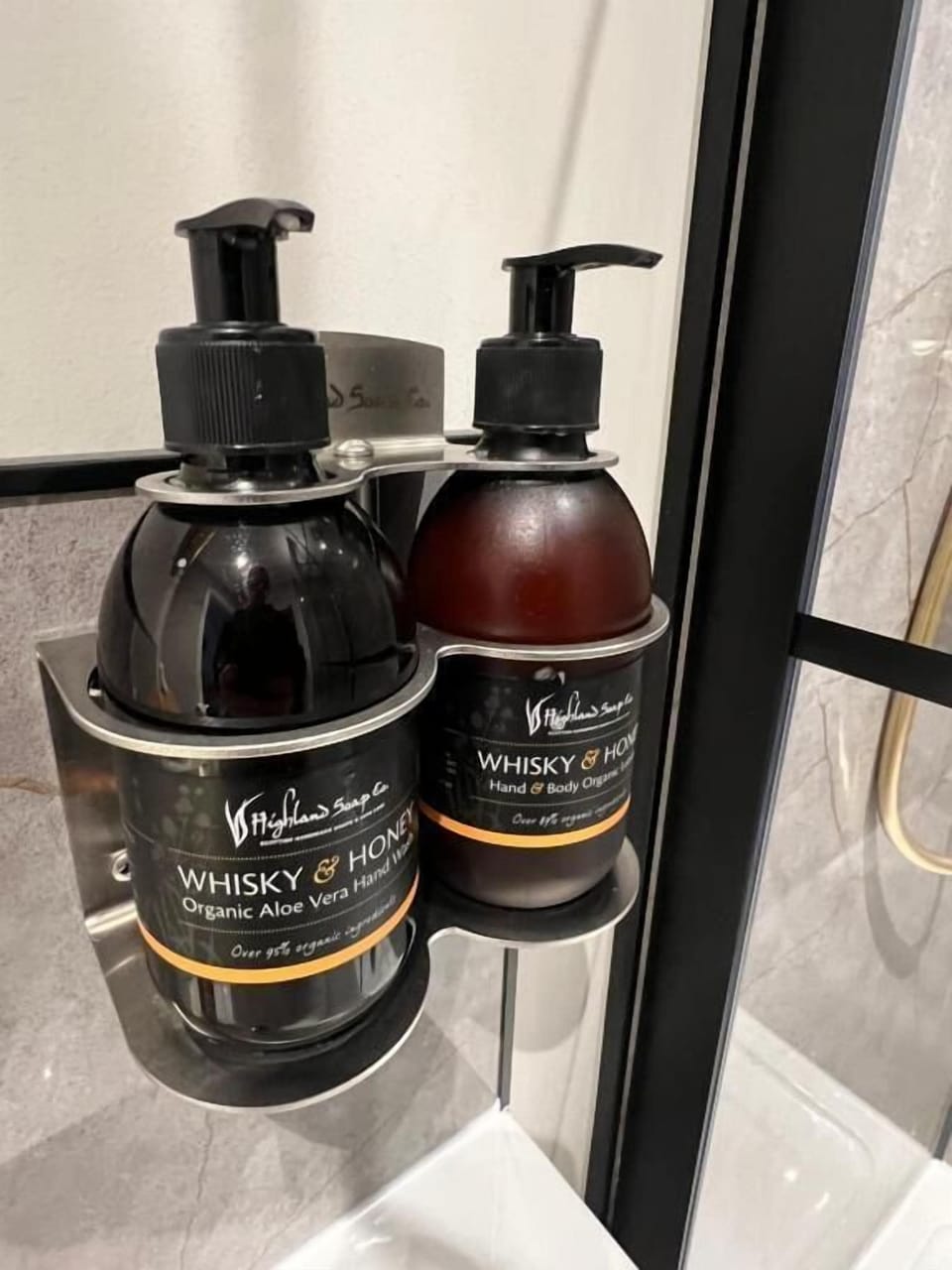 Designer toiletries, hair dryer, towels, soap