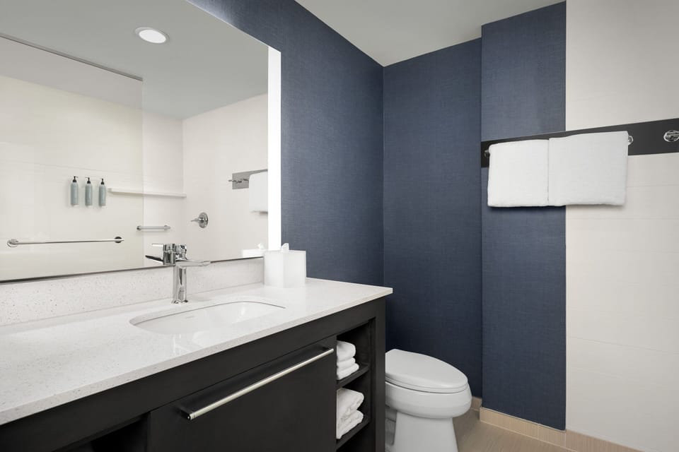 Hair dryer, towels, soap, shampoo
