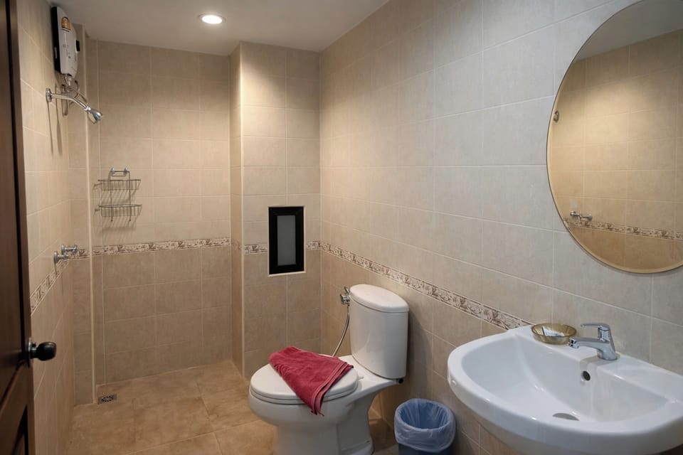Shower, free toiletries, hair dryer, towels