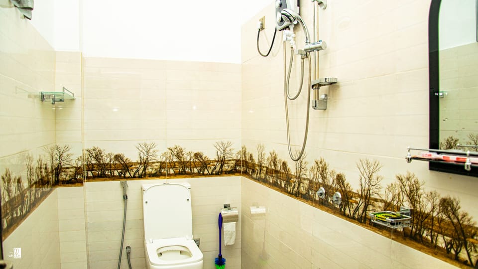 Shower, hydromassage showerhead, hair dryer, bathrobes