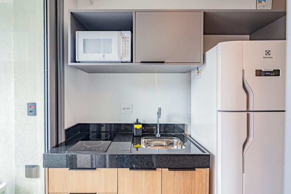 Fridge, microwave, cookware/dishes/utensils