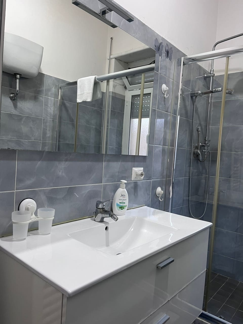 Traditional Apartment | Bathroom | Shower, rainfall showerhead, hair dryer, towels