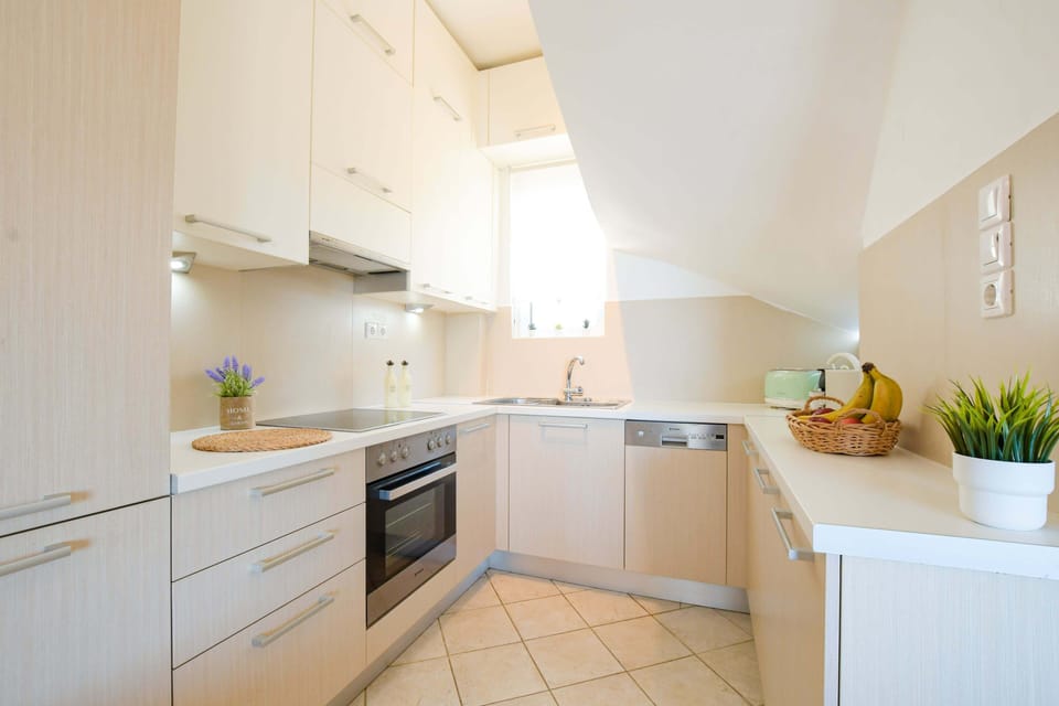 Full-size fridge, oven, stovetop, dishwasher