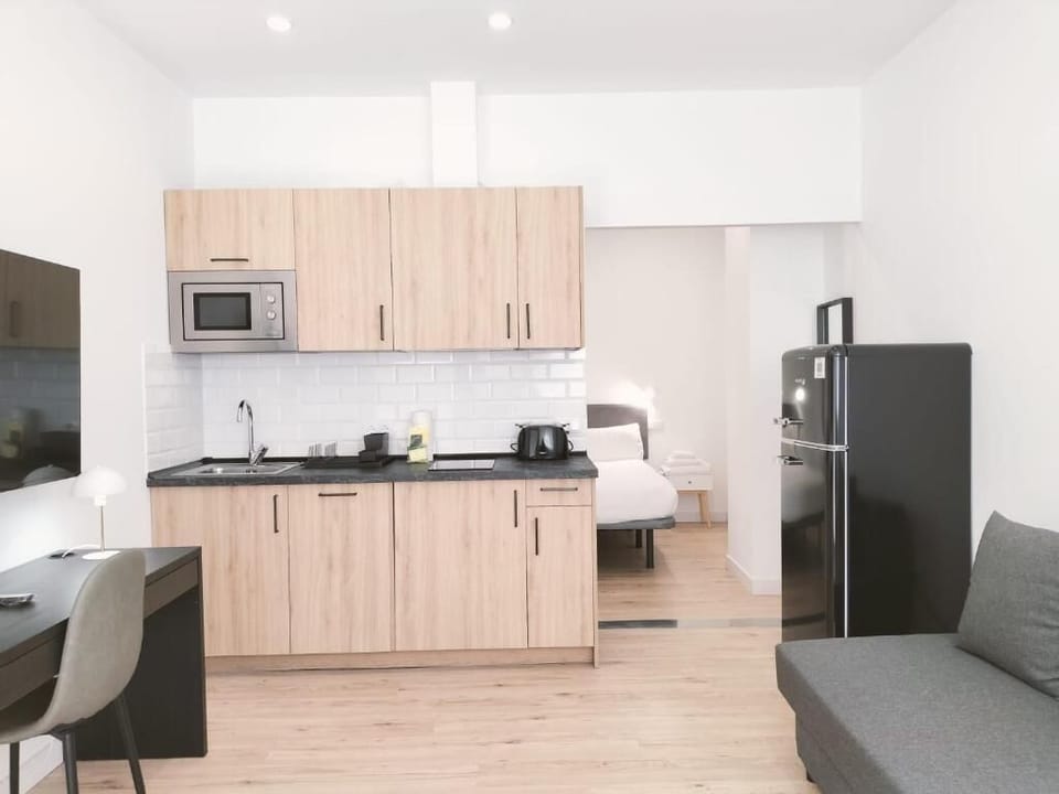 Full-size fridge, microwave, stovetop, toaster