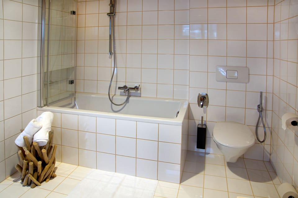 Combined shower/tub, hair dryer, towels