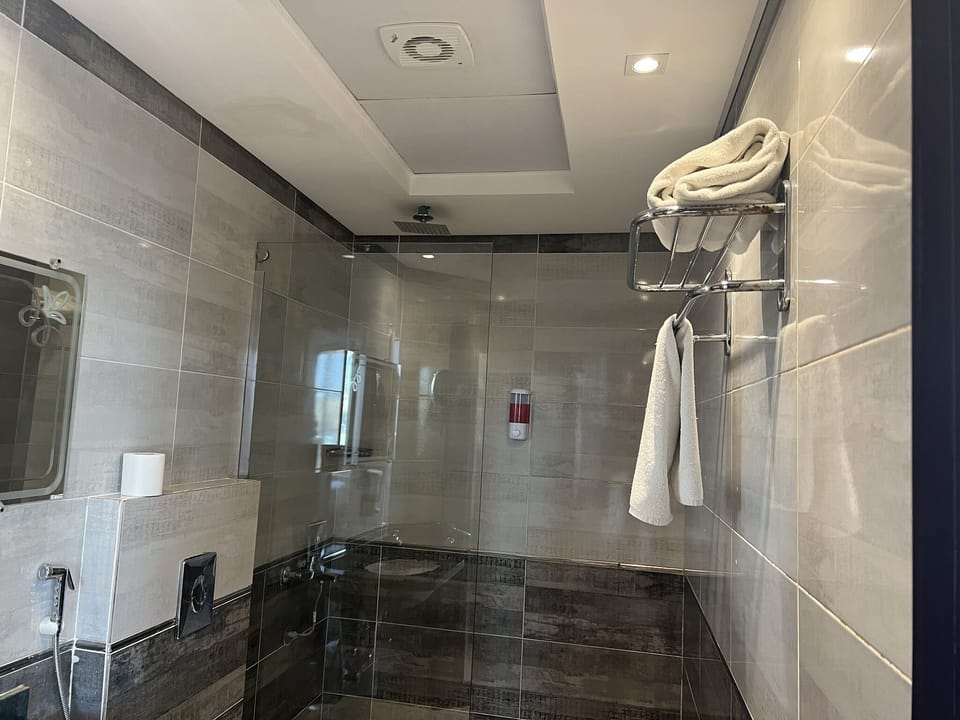 Shower, rainfall showerhead, hair dryer, slippers