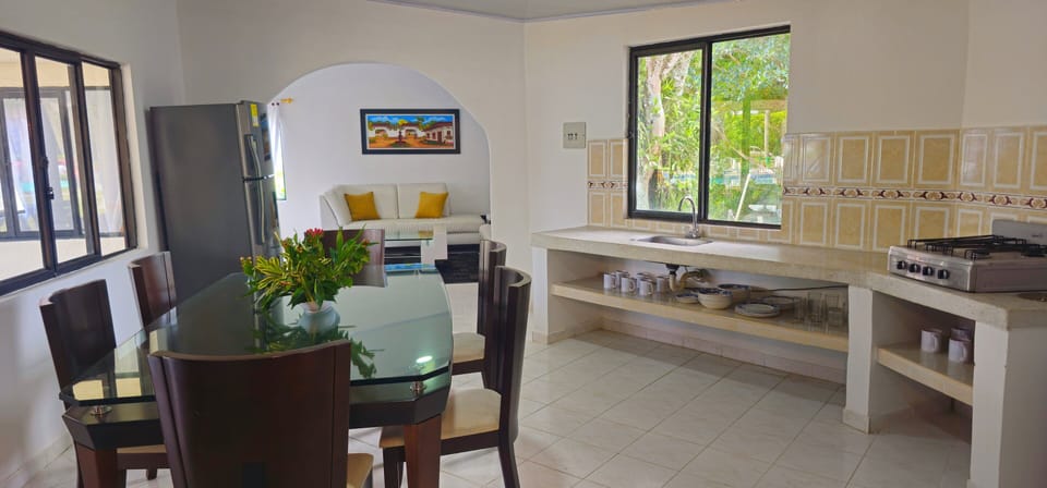Full-size fridge, dishwasher, coffee/tea maker, blender