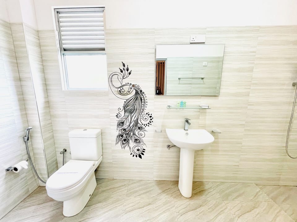 Shower, rainfall showerhead, hair dryer, slippers