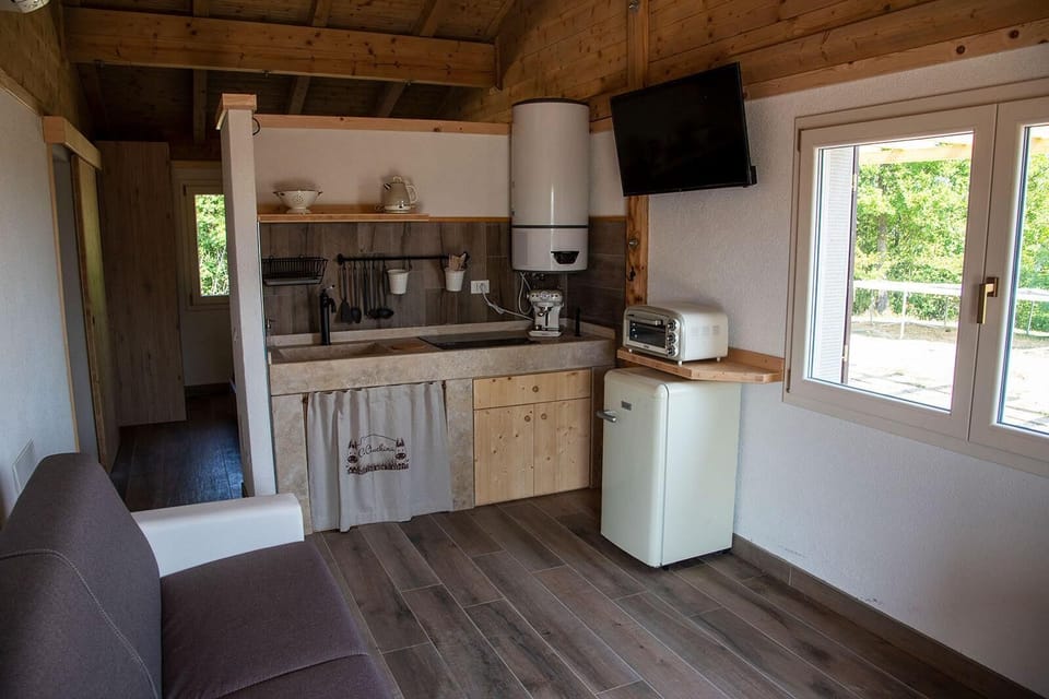 Fridge, stovetop, cookware/dishes/utensils, paper towels