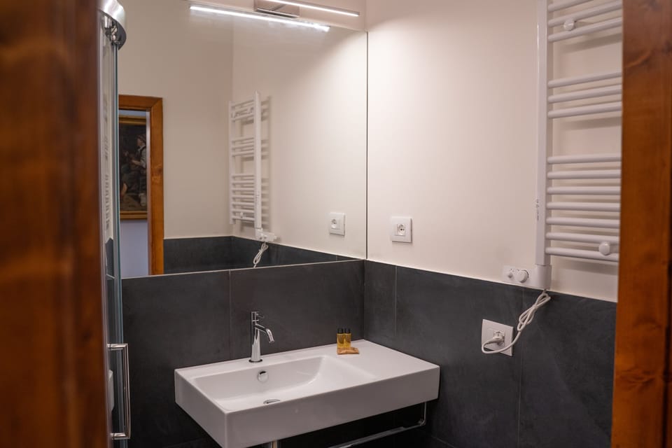 Shower, rainfall showerhead, free toiletries, hair dryer