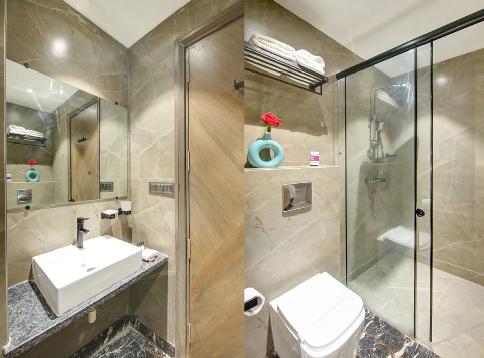 Shower, rainfall showerhead, hair dryer, bathrobes