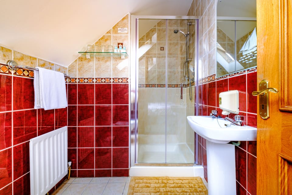 Shower, free toiletries, hair dryer, towels