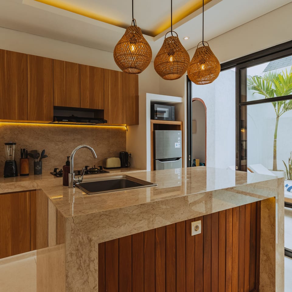 Fridge, electric kettle, toaster, blender