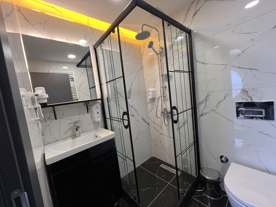Panoramic Room | Bathroom | Shower, hair dryer, slippers, towels