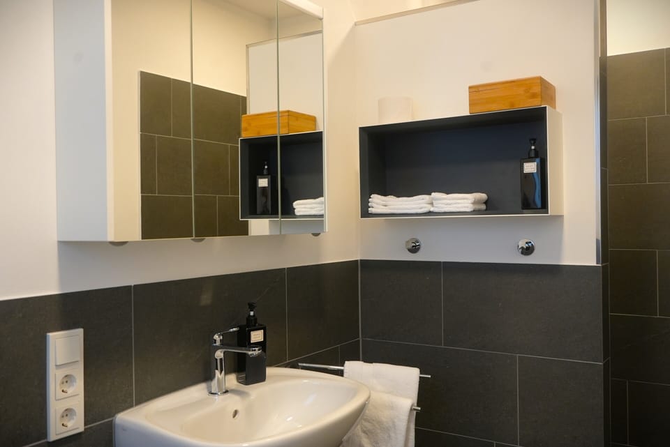 Shower, rainfall showerhead, hair dryer, heated floors (bathroom)